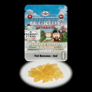 “Tegridy Extracts Fat Banana shatter concentrate featuring translucent light golden shatter with a clear glass-like appearance and stable texture.”