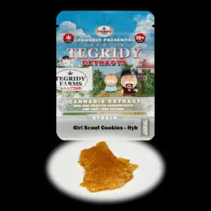 “Tegridy Extracts Girl Scout Cookies shatter concentrate featuring translucent light golden shatter with a clear glass-like appearance and stable texture.”
