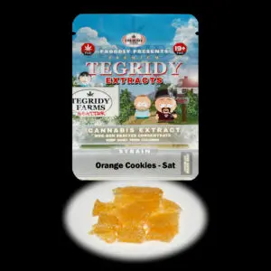 “Tegridy Extracts Orange Cookies shatter concentrate featuring translucent light golden shatter with a clear glass-like appearance and stable texture.”