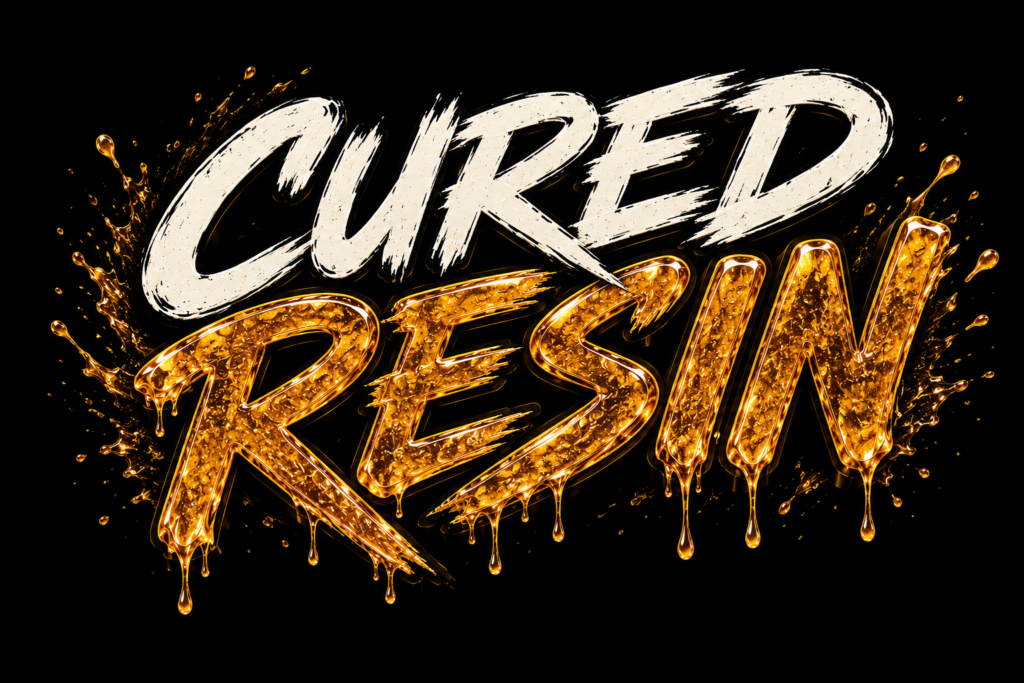 Premium cured resin header featuring bold brush-style typography with glossy golden resin drips on a black background for the Baller Club concentrates collection.