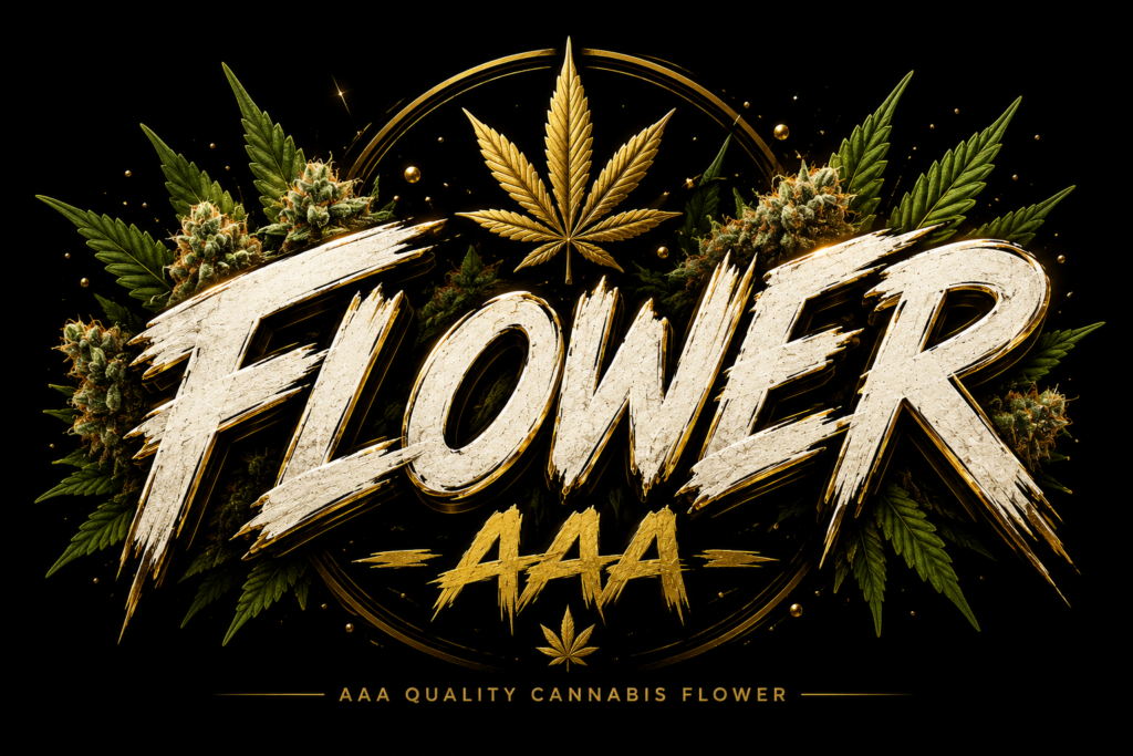 Premium AAA cannabis flower header featuring bold typography with cannabis leaves and premium flower on a black background for the Baller Club flower collection.