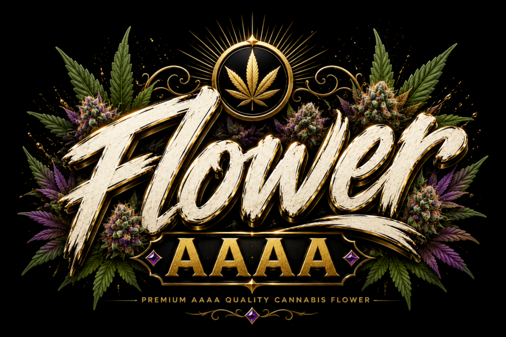 Premium AAAA cannabis flower header featuring luxury typography with premium cannabis buds, gold accents, and black background for the Baller Club craft flower collection.
