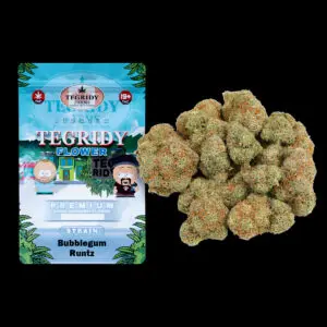 "Tegridy Flower Bubblegum Runtz Hybrid AAA cannabis flower featuring dense frosty buds with sticky trichome coverage."