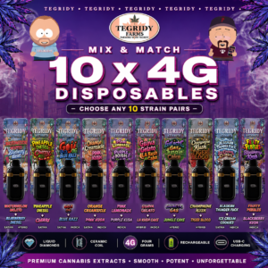 "Tegridy Extracts Mix & Match 10 x 4G disposable vape bundle featuring ten customizable Liquid Diamond infused disposable flavours."