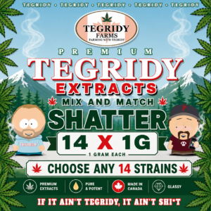 "Tegridy Extracts Mix & Match Shatter 14 x 1G bundle featuring fourteen customizable one-gram shatter concentrate selections."