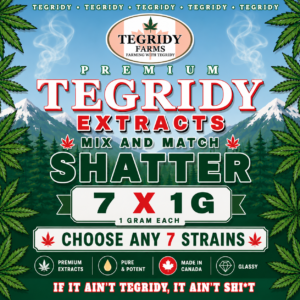 "Tegridy Extracts Mix & Match Shatter 7 x 1G bundle featuring seven customizable one-gram shatter concentrate selections."