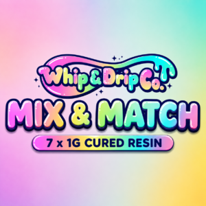 "Whip & Drip Co. Mix & Match Cured Resin 7 x 1g bundle featuring seven customizable one-gram cured resin selections."