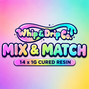 "Whip & Drip Co. Mix & Match Cured Resin 14 x 1g bundle featuring fourteen customizable one-gram cured resin selections."