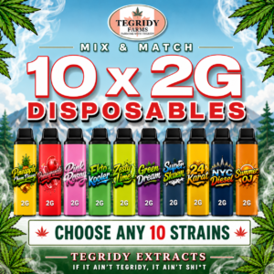 "Tegridy Extracts Mix & Match 10 x 2G disposable vape bundle featuring ten customizable Liquid Diamond infused disposable flavours."