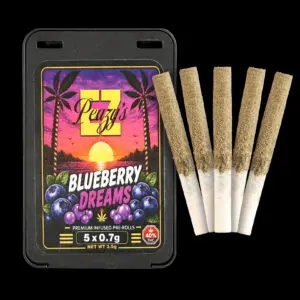 "EZ Peazy's Blueberry Dreams Hybrid Liquid Diamond Infused Pre Rolls 5-pack featuring five 0.7g kief-coated pre rolls."