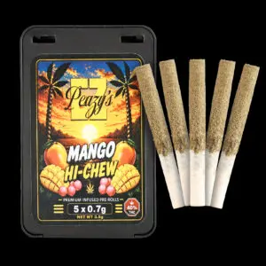 "EZ Peazy's Mango Hi-Chew Hybrid Liquid Diamond Infused Pre Rolls 5-pack featuring five 0.7g kief-coated pre rolls."