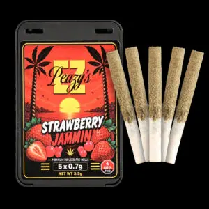 "EZ Peazy's Strawberry Jammin Hybrid Liquid Diamond Infused Pre Rolls 5-pack featuring five 0.7g kief-coated pre rolls."