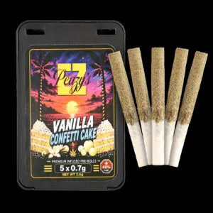 "EZ Peazy's Vanilla Confetti Cake Hybrid Liquid Diamond Infused Pre Rolls 5-pack featuring five 0.7g kief-coated pre rolls."