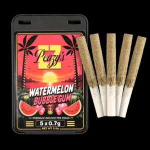 "EZ Peazy's Watermelon Bubblegum Hybrid Liquid Diamond Infused Pre Rolls 5-pack featuring five 0.7g kief-coated pre rolls."