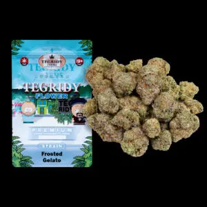 "Tegridy Flower Frosted Gelato Hybrid AAA cannabis flower featuring dense frosty buds with sticky trichome coverage."
