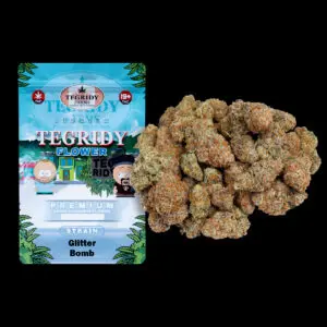 "Tegridy Flower Glitter Bomb Hybrid AAA cannabis flower featuring dense frosty buds with sticky trichome coverage."