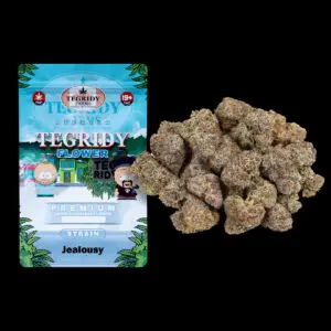"Tegridy Flower Jealousy Hybrid AAA cannabis flower featuring dense frosty buds with sticky trichome coverage."