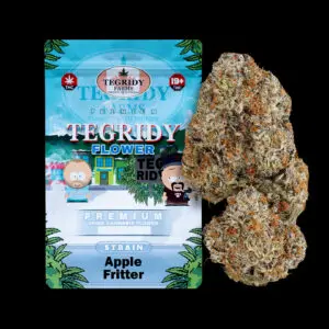 "Tegridy Flower Apple Fritter AAAA cannabis flower featuring dense resin-coated buds with heavy frosty trichome coverage."