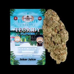 "Tegridy Flower Joker Juice AAAA cannabis flower featuring dense resin-coated buds with heavy frosty trichome coverage."