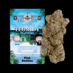 "Tegridy Flower Pink Skittles AAAA cannabis flower featuring dense resin-coated buds with heavy frosty trichome coverage."