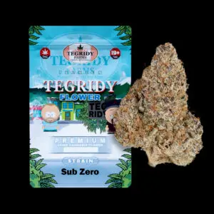 "Tegridy Flower Sub Zero Hybrid AAAA cannabis flower featuring dense resin-coated buds with heavy frosty trichome coverage."