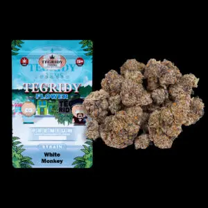 "Tegridy Flower White Monkey Indica AAA cannabis flower featuring dense frosty buds with sticky trichome coverage."