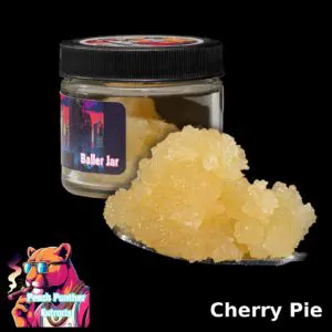 Peach Panther Cherry Pie hybrid cured resin beside its 1oz Baller Jar