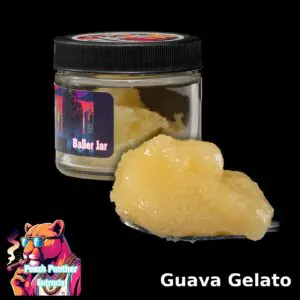 Peach Panther Guava Gelato hybrid cured resin beside its 1oz Baller Jar