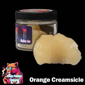 Peach Panther Orange Creamsicle sativa cured resin beside its 1oz Baller Jar