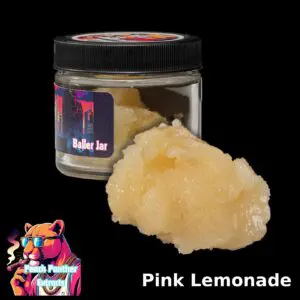 Peach Panther Pink Lemonade indica cured resin beside its 1oz Baller Jar