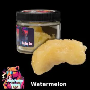Peach Panther Watermelon indica cured resin beside its 1oz Baller Jar