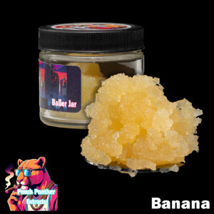 "Peach Panther Banana Kush 1oz baller jar containing light golden cured resin bulk cannabis extract in a clear concentrate jar."