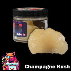 "Peach Panther Champagne Kush 1oz baller jar containing light golden cured resin bulk cannabis extract in a clear concentrate jar."