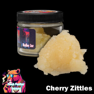 "Peach Panther Cherry Zkittles 1oz baller jar containing light golden cured resin bulk cannabis extract in a clear concentrate jar."