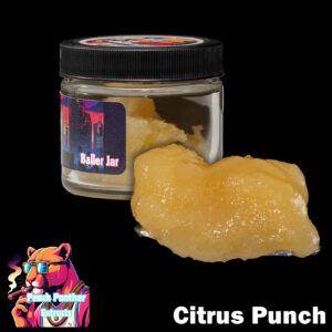 "Peach Panther Citrus Punch 1oz baller jar containing light golden cured resin bulk cannabis extract in a clear concentrate jar."