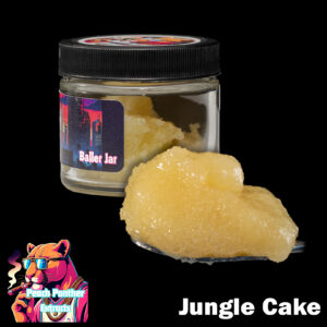 "Peach Panther Jungle Cake 1oz baller jar containing light golden cured resin bulk cannabis extract in a clear concentrate jar."