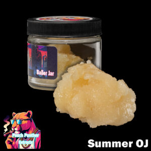 "Peach Panther Summer OJ 1oz baller jar containing light golden cured resin bulk cannabis extract in a clear concentrate jar."