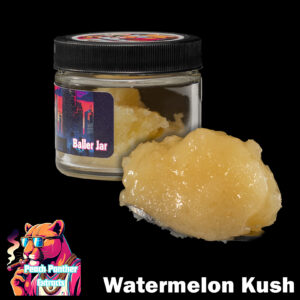 "Peach Panther Watermelon Kush 1oz baller jar containing light golden cured resin bulk cannabis extract in a clear concentrate jar."
