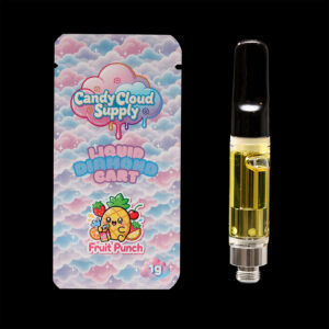 "Candy Cloud Supply Fruit Punch Liquid Diamonds 1g vape cartridge featuring premium liquid diamond cannabis extract in a universal 510-thread cartridge."