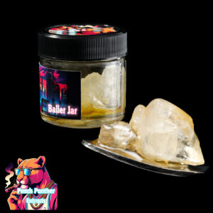 "Peach Panther Pink Marker Diamonds & Sauce cannabis concentrate featuring crystal-clear THCA diamonds suspended in golden terpene-rich sauce inside a concentrate jar."