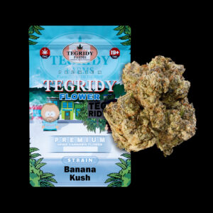 "Tegridy Flower Banana Kush AAA cannabis flower featuring dense frosty buds with sticky trichome coverage."