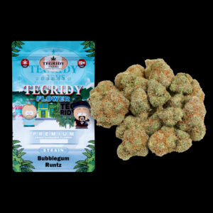 "Tegridy Flower Bubblegum Runtz Hybrid AAA cannabis flower featuring dense frosty buds with sticky trichome coverage."