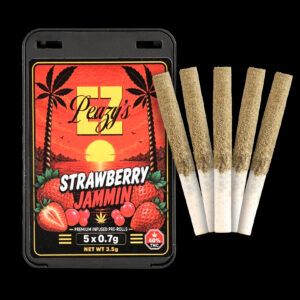 "EZ Peazy's Strawberry Jammin Hybrid Liquid Diamond Infused Pre Rolls 5-pack featuring five 0.7g kief-coated pre rolls."