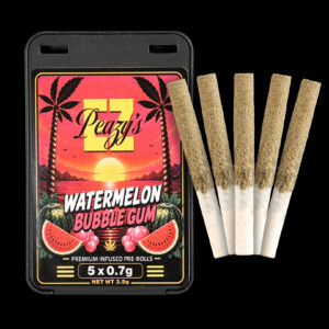"EZ Peazy's Watermelon Bubblegum Hybrid Liquid Diamond Infused Pre Rolls 5-pack featuring five 0.7g kief-coated pre rolls."