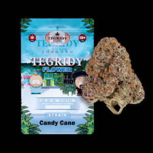 "Tegridy Flower Candy Cane AAAA cannabis flower featuring dense resin-coated buds with heavy frosty trichome coverage."